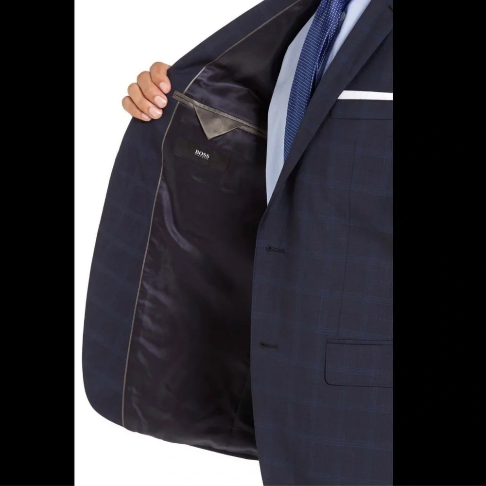 NEW‎ 2PC BOSS Hugo Boss Trim Fit Plaid Wool Suit Navy Blue [SZ 38R/40R ]